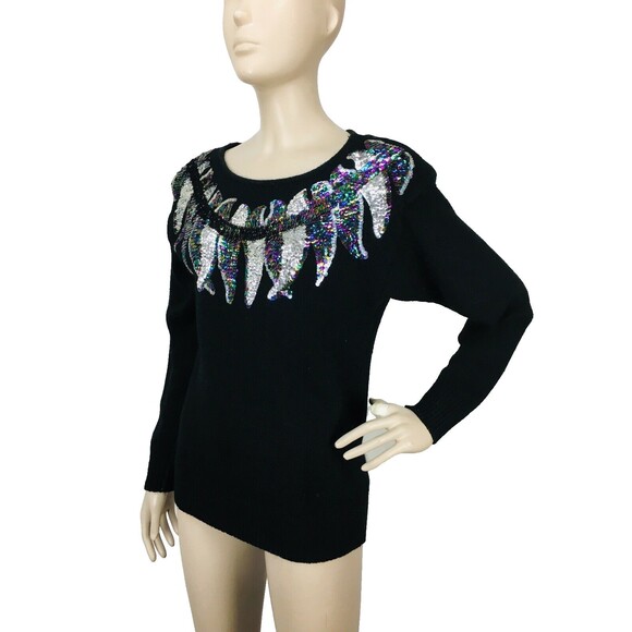 Vintage 80s De Rotchild Silk Angora Sequined Feathers Pullover Sweater Medium - Picture 6 of 9
